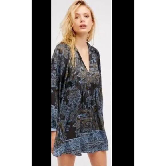 Free People Dresses & Skirts - Free People Say‎ You Love Me Blue Paisley Blouse Sleeve Collared Mini Dress S